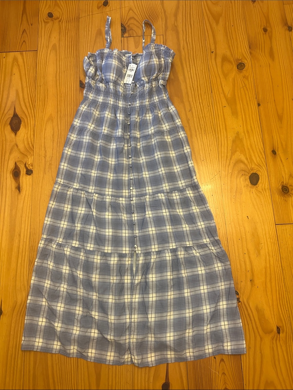 Abercrombie & Fitch Blue Plaid Smocked Strap Maxi Dress